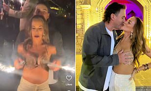 Brooks Koepka and Jena Sims celebrate 2024 with raunchy social media posts as golfer holds SPARKLERS up to his model wife’s breasts at a wedding party in Mexico