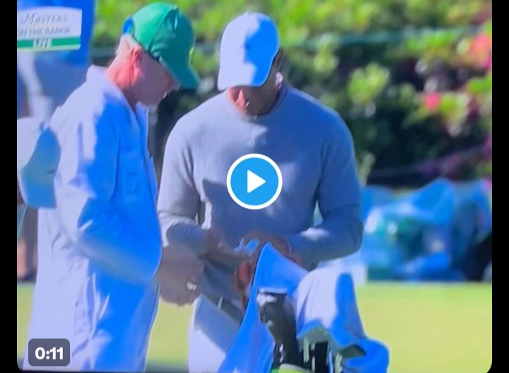 WATCH: Tiger Woods’ visible wrapped-up pain patch on his back as he applies an icy hot to his body at Masters